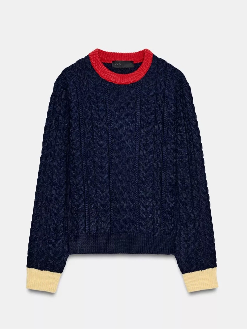 Navy Cable Knit Sweater with Red Neckline and Cream Cuffs